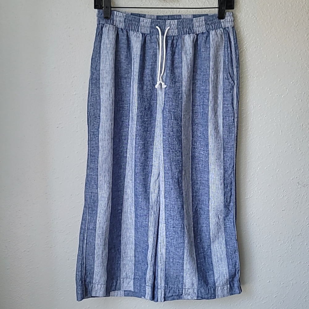 BeachLunchLounge Striped Linen Blend Wide Leg Cropped Pants Size XSmall In Blue